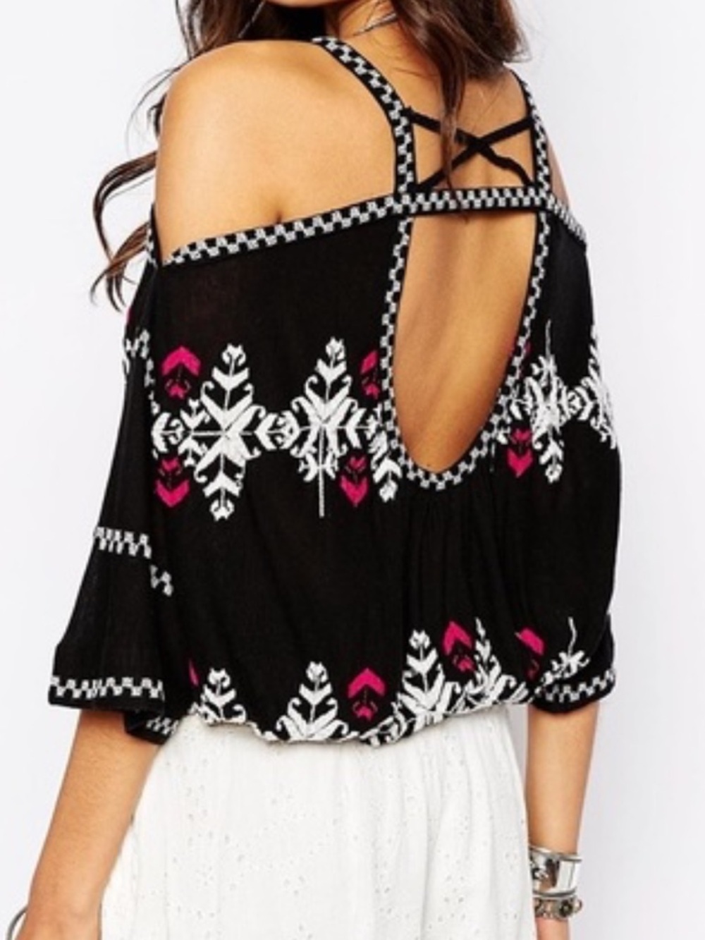 Free People New World Embroidered Cold Shoulder Airy Flowy Boho Top, Size S - Picture 2 of 11